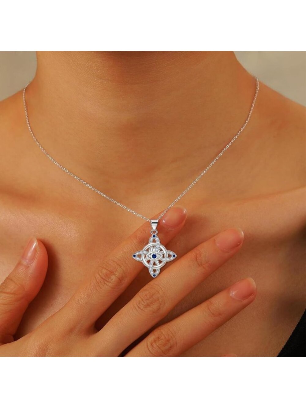 Celtic Knot Sterling Silver Necklace with Blue CZ Evil Eye Pendant - Irish - Picture 6 of 6
